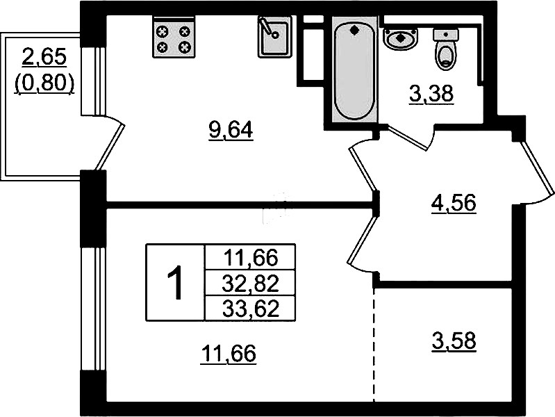 1-комнатная квартира 33.62 м², 8/12 эт., ЖК «Новые Лаврики»
